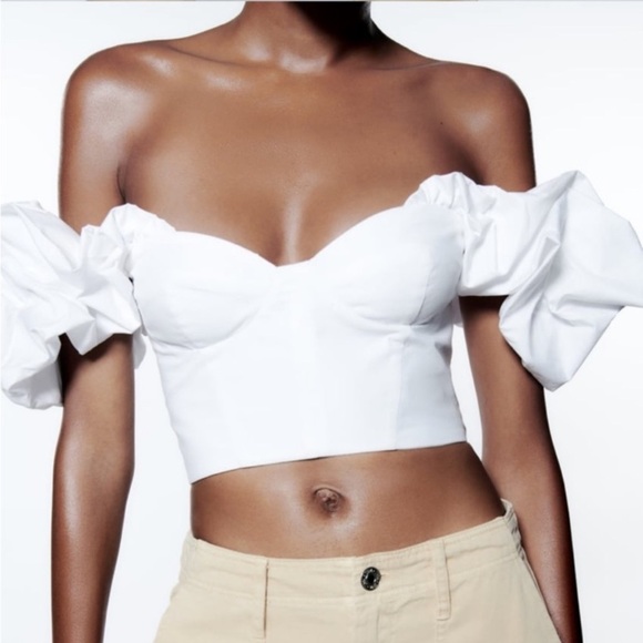 Zara white poplin bustier crop top with puff sleeves large - Picture 2 of 5